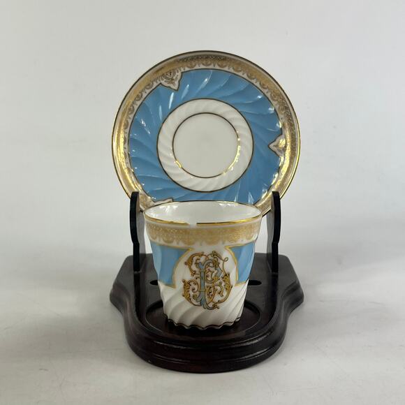 Mansard Paris Other - Antique French Demitasse Cup & Saucer Mansard Paris Blue Gold Monogram Porcelain